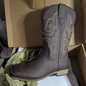 IUV Western Embroidered Mid Calf Pull On Fashion Cowgirl Boots with a Square Toe